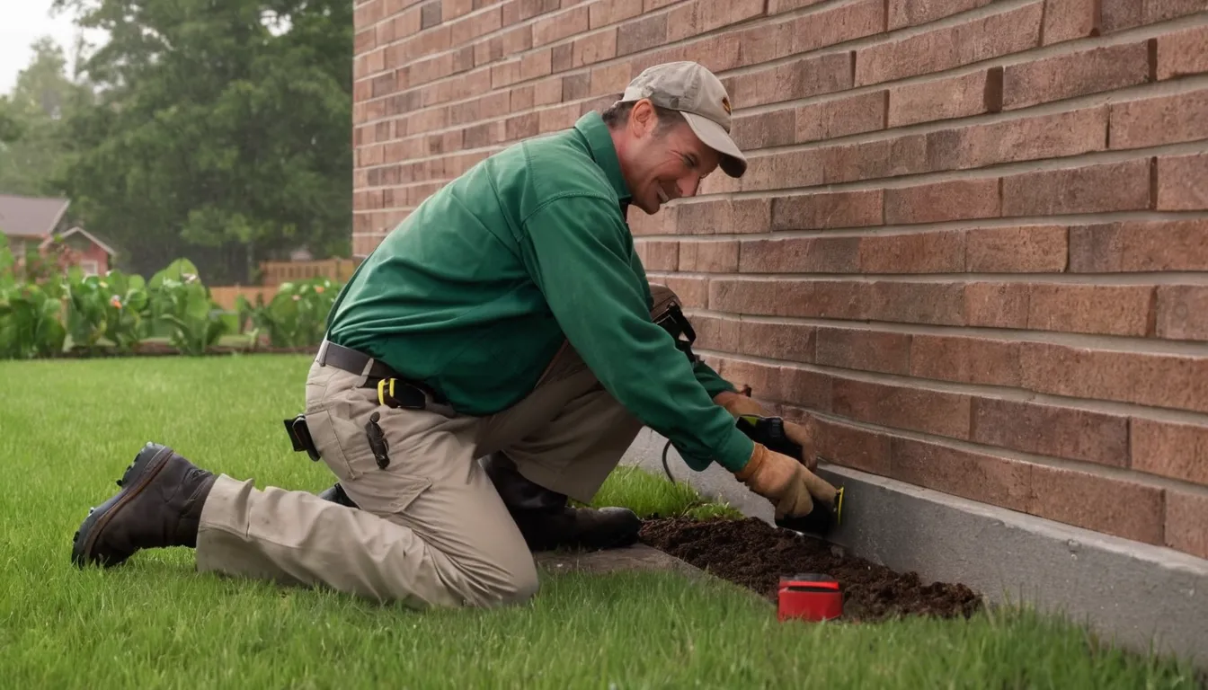 A provider inspecting the foundation of a brick ranch home in Schertz for termite activity